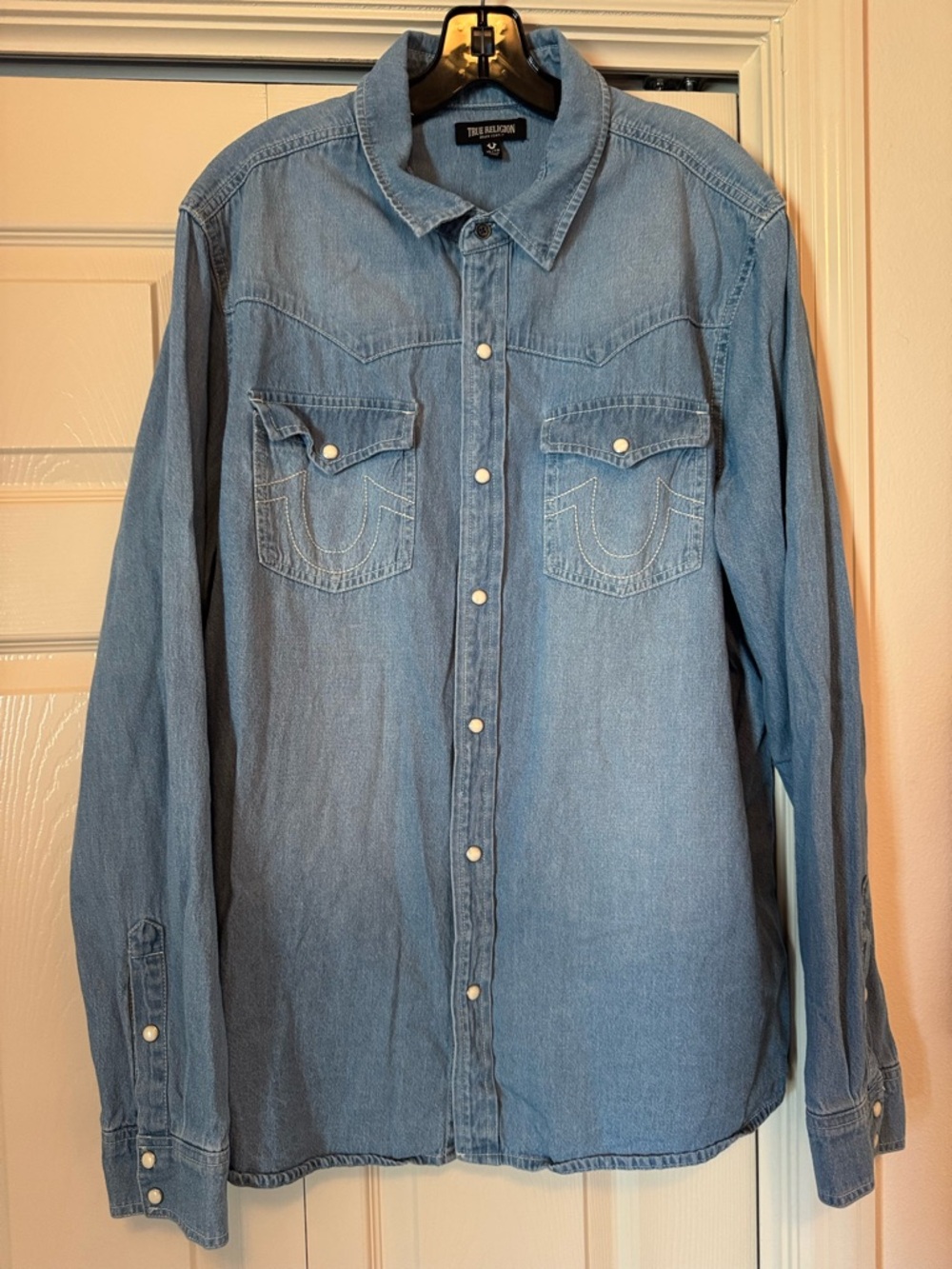 True Religion Men’s Chambray Long Sleeve Western Pearl Snap Button Up Size XL